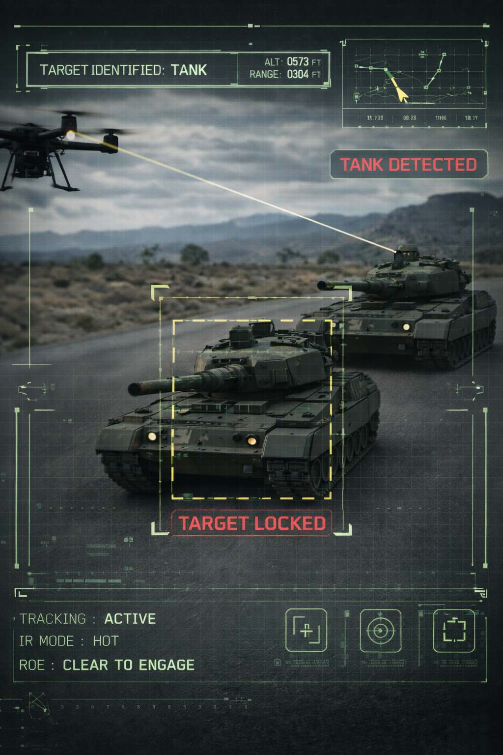 drone targeting military tank in desert