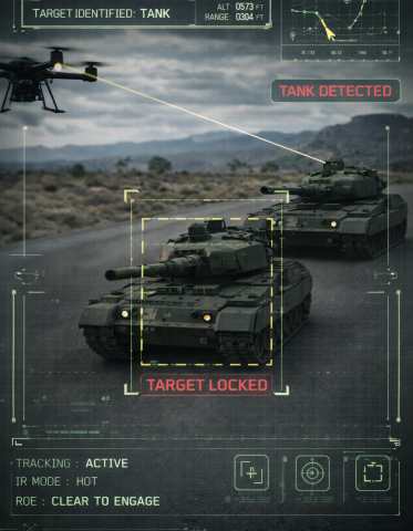 drone targeting military tank in desert